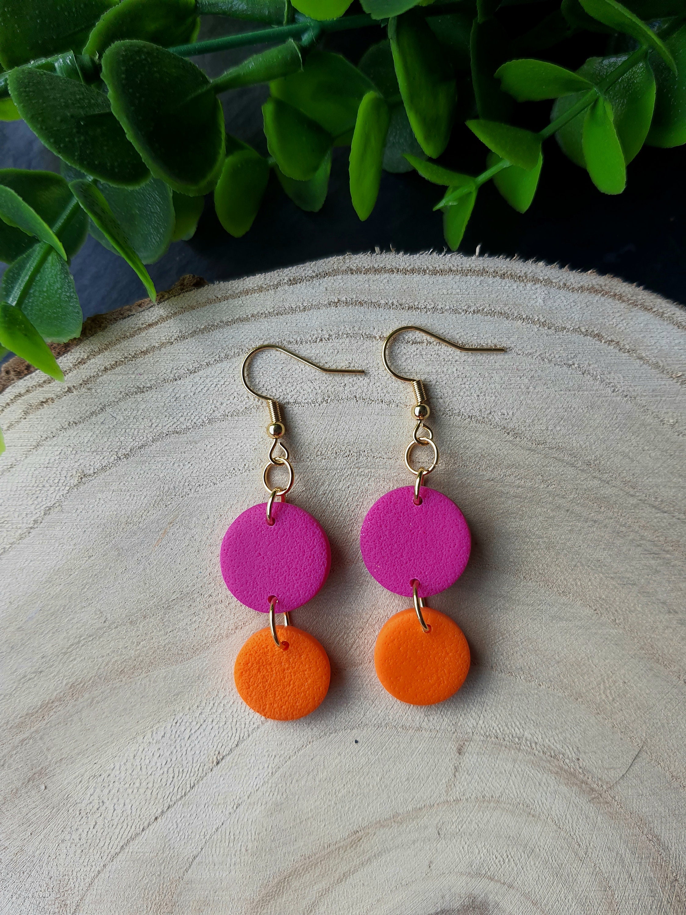Circle Magenta and Orange Dangle Earrings Gold Plated Hooks