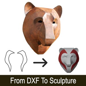 Könnte beinhalten: Ein Diagramm, das zeigt, wie man eine Skulptur aus einer DXF-Datei erstellt. Das Bild zeigt einen Bärenkopf in einer 2D-Umrandung, einen Pfeil, der nach rechts zeigt, und eine 3D-Bärenkopfskulptur.