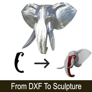 Peut inclure: Une sculpture d'éléphant en métal argenté est présentée à côté d'une illustration en noir et blanc d'une tête d'éléphant. Le texte "From DXF To Sculpture" est sous l'image.