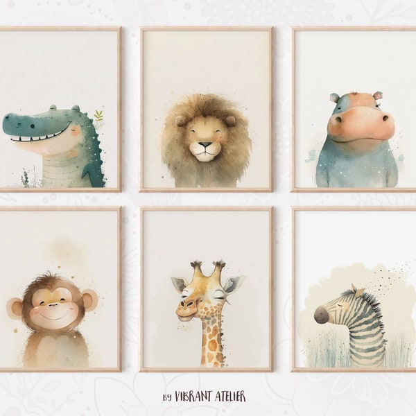 Impresión de vivero Safari, decoración de vivero Safari, conjunto de 6 animales de vivero Safari imprimibles, arte de pared de vivero de selva neutral AI para imprimir