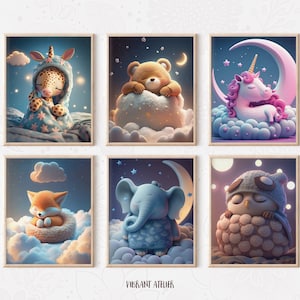 Sleeping Baby Animals Nursery Set, Nursery Prints, 6 Animals Napping on a Cloud, Nursery Decor, Printable Wall Art, Baby Room Wall Art