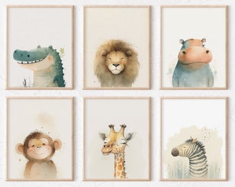 Impresión de vivero Safari, decoración de vivero Safari, conjunto de 6 animales de vivero Safari imprimibles, arte de pared de vivero de selva neutral AI para imprimir