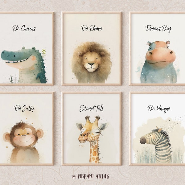 Safari Nursery Decor with Inspirational Sayings, Baby Animal Prints for Nursery, Set of 6 Jungle Prints with Positive Affirmations, Be Kind