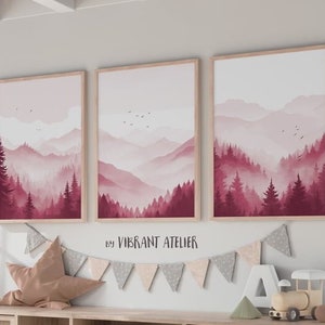 Pink Nursery Decor Mountains, Pink Trees and Mountains, Girls Adventure Theme Nursery, Woodland Nursery Prints Set, Calming Nursery Wall Art