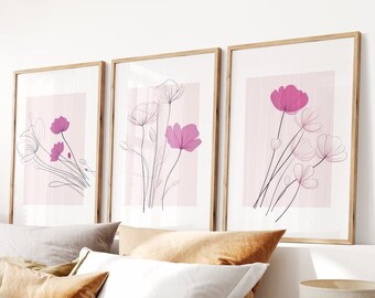 Boho Botanical Line Art Prints, Set of 3 Minimalist Purple Wall Art, Neutral Printable Modern Bedroom Home Wall Decor, Flower Line Art