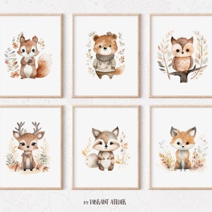 Woodland Nursery Print Set 6, Woodland Nursery Animals for Boys, Woodland Baby Animal Prints, Nursery Wall Art , Forest Animal Decor