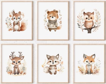 Woodland Nursery Print Set 6, Woodland Nursery Animals for Boys, Woodland Baby Animal Prints, Nursery Wall Art , Forest Animal Decor