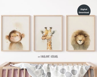 Impresión de safari para guardería, decoración de safari para guardería, juego de 3 animales de safari para guardería imprimibles, arte de pared de selva neutral con IA para imprimir