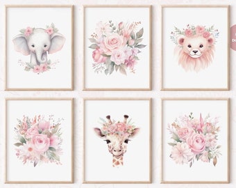 Safari Nursery Print for Girls, Watercolor Safari Animal, Blush Pink Flowers, Girls Room Wall Art, Elephant, Giraffe, Lion, Floral, Set of 6