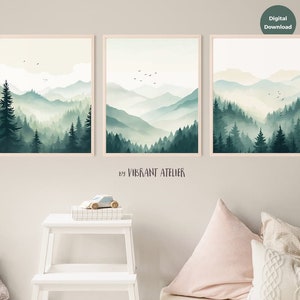 Nursery Decor Forest, Sage Green Pine Trees and Mountains, Adventure Theme Nursery, Woodland Nursery Prints, Calming Nursery Wall Art