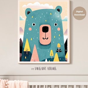 Printable Bear Portrait in Abstract Pine Trees Forest - Nursery Wall Art Prints, AI Digital Artwork to Download and Print at Home