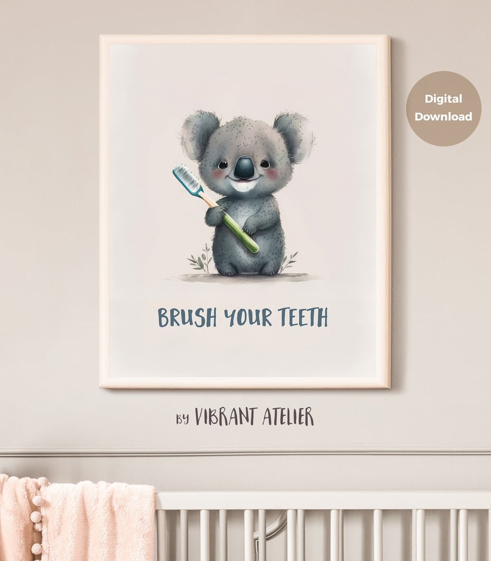Brush Your Teeth, Little Koalas Printable Nursery Wall Art, Adorable AI