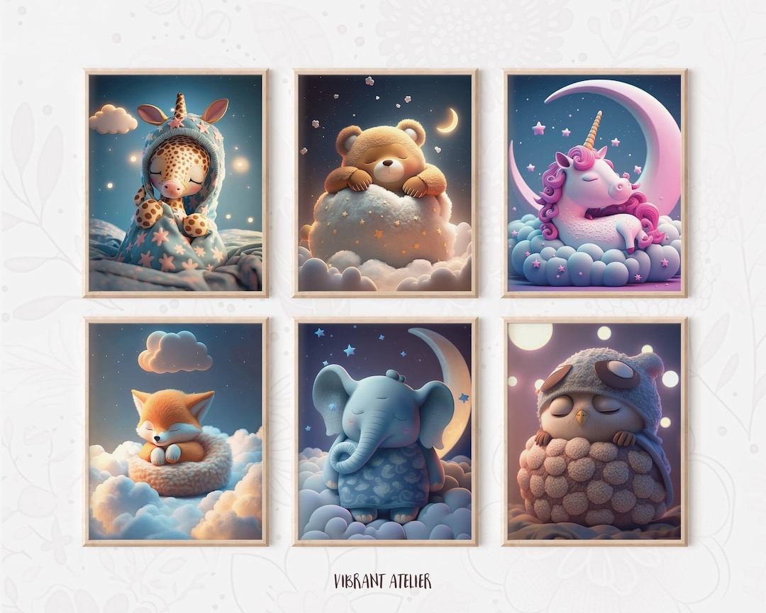 Sleeping Baby Animals Nursery Set, Nursery Prints, 6 Animals Napping on a Cloud, Nursery Decor