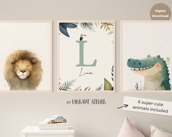 Safari Kinderzimmer Druck mit personalisiertem Namen, Dschungel Kinderzimmer Thema, Benutzerdefinierte Dschungel Name Wandkunst, Safari Kinderzimmer Dekor