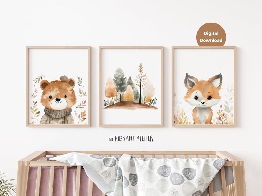 Set of 3 Woodland Nursery Prints, Woodland Nursery Animals, Printable ...