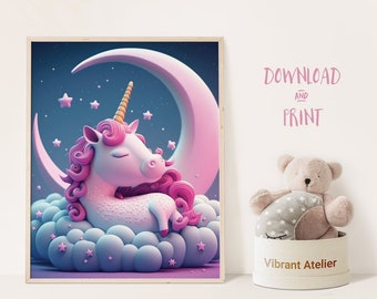 Licorne imprimable la plus mignonne pour votre tout-petit, licorne rose dormant sur un nuage à imprimer, illustration générée par l'IA pour la décoration murale de la chambre d'enfant