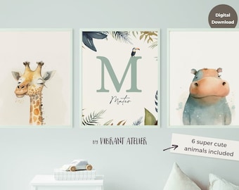 Safari-Kinderzimmer-Druck mit individuellem Namen, Dschungel-Kinderzimmer-Thema, personalisierter Dschungel-Namensdruck, Safari-Namenswandkunst, Safari-Kinderzimmerdekor
