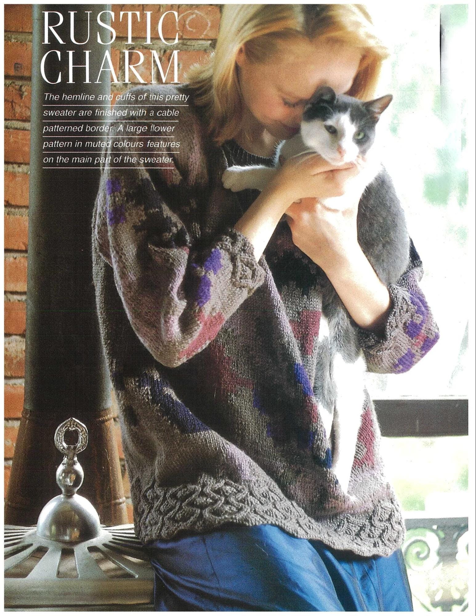 Ladies Knitting Pattern, Flower Cable Sweater, PDF Download