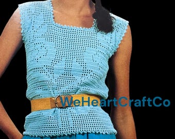Vintage Filet Crochet Floral Top Pattern, 1970s Vest (PDF Download)