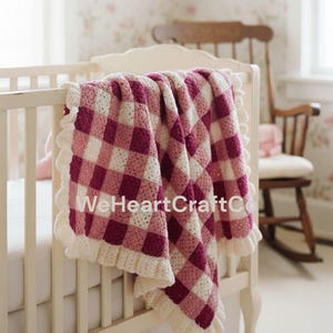 Virkad filt, överkast, vintagemönster, justerbar storlek, ginghammönster, volanger, nybörjarvänligt virkmönster