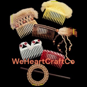 May include: A collection of hair combs and accessories in various designs. The combs feature decorative elements like beads, feathers, and crochet details. The image includes a hair stick and the text "WeHeartCraftCo".