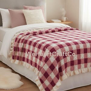 Virkad filt med ginghammönster och volanger, överkast, utskrivbart mönster, nybörjarvänlig virkning