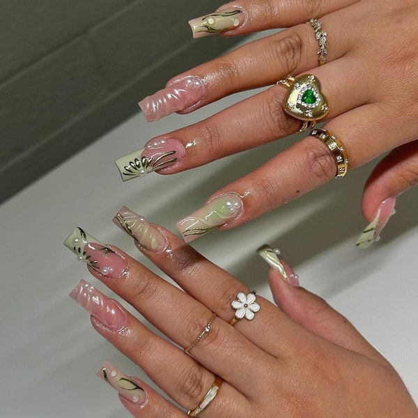 0A261 |Long  square mint light green fairy ethereal press on custom nails glue included 3d flowers and pearls