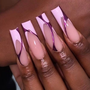 0A070 | Purple chrome light baby pink French Tip press on nail glue included  long square