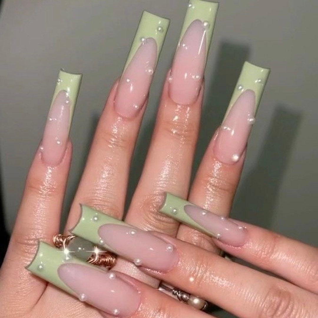 0A0105 Light Green French Tip Pearl Y2k Design Artificial Etsy