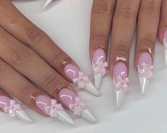 0A226 | Light pink bows white french tip press on nail soft valentines set cottage core fairy w glue