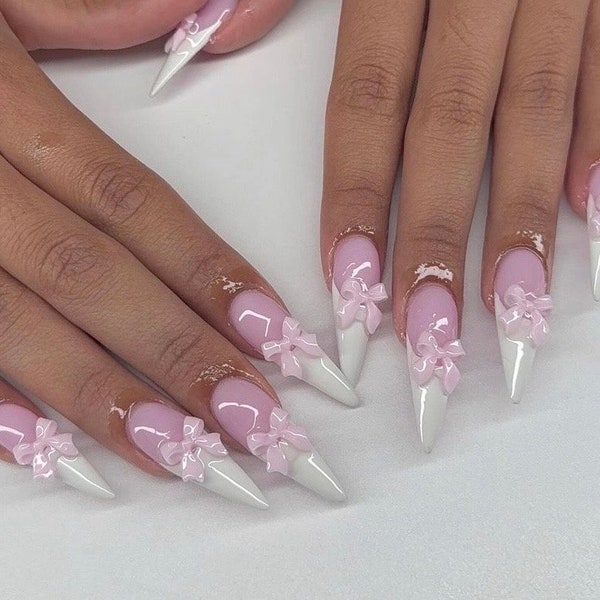 0A226 | Light pink bows white french tip press on nail soft valentines set cottage core fairy w glue