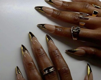 0A022 | chrome Gold French tip ,stiletto press on nail glue included/ gel polish