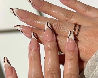 0A031 | Almond swirl Ombre brown French tip artificial press on nail glue included, hand made nails made w gel polish