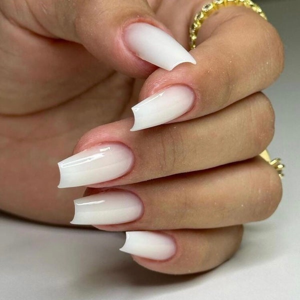 0A054| white milky full cover colour custom press on nail glue include pick a nude shade plain design long square