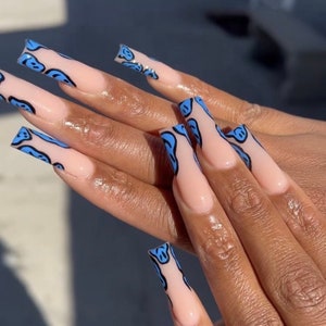 0A048 | Blue abstract french tip artificial fake press on nail glue included y2k design- fast ship