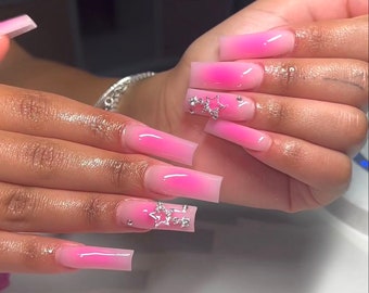 0A255 | Hot Pink long square aura blushed spring nail with star gems, glue included - free delivery