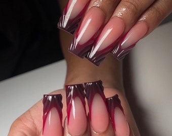 0A229 | dark cherry red French tip ombre press on nails 3d swirls- fast free ship glue included