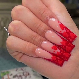 0A227 | 3D matte hearts red French tip press on nail glue included - fast free ship