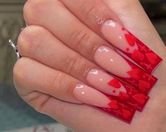 0A227 | 3D matte hearts valentines red French tip press on nail glue included - fast free ship