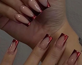 0A063 | Red chrome  French tip , short  press on nail glue included  made with gel polish /fast ship