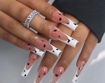 0A043 | black and white star and hearts french tip long reusable press on nails glue included - gel nails