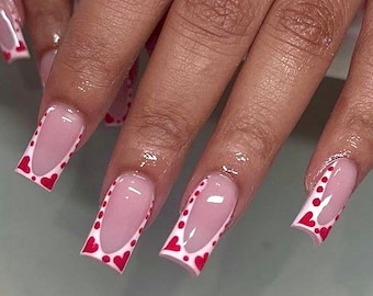 0A228 | hearts white french tip  dots red spring press on nails- fast free shipping