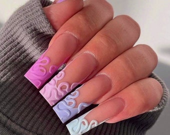 0A236 | 3D easter  pink blue purple green pastel french tip with swirls press on nail glue included