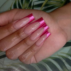 0A026 | pink  chrome French tip , tapered  square xxl long press on nail glue included- made with gel polish