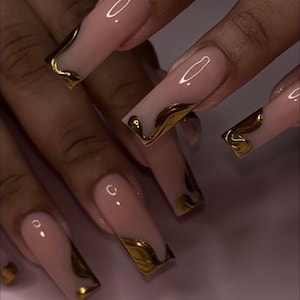 0A203 | Gold chrome abstract veil drip press on nails glue included  custom design- fast free ship