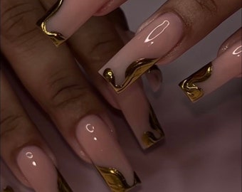 0A203 | Gold chrome abstract veil drip press on nails glue included  custom design- fast free ship