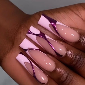 0A070 Purple chrome light baby pink French Tip press on nail glue included long square image 2