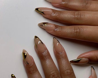 0A0103| Almond gold chrome French tip nail glue included Abstract , custom fake press on y2k- Gel polish