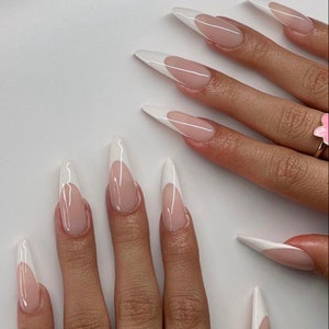 0A200 |Long Stiletto white French tip classic nail glue included in set - made with gel custom reusable