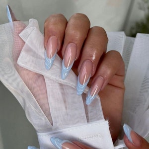 0A067 | Almond blue French tip 3d swirl y2k design artificial press on nail glue included handmade